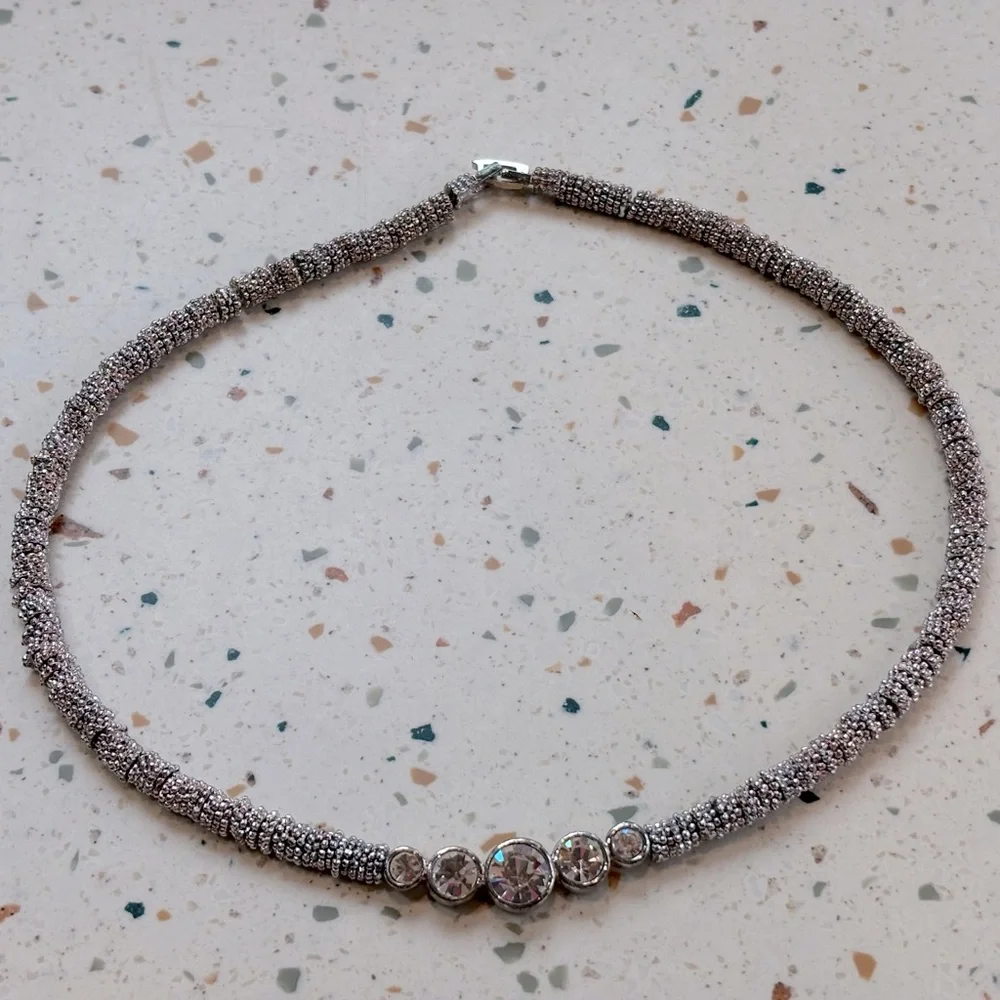 Choker Mesh Bead Silver‎ Tone Crystal Pendant Necklace
